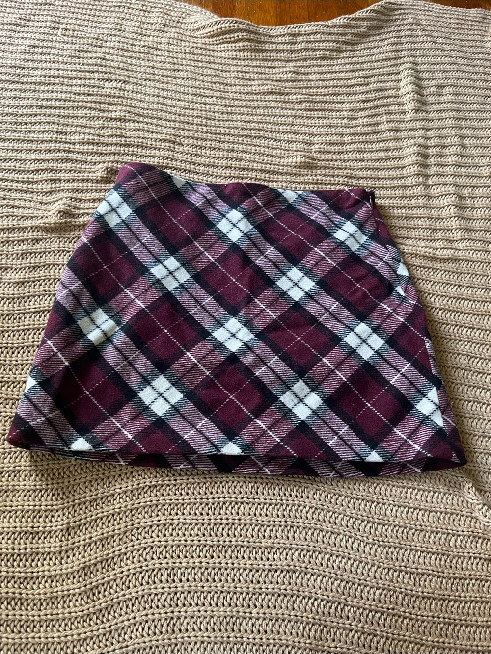 Forever 21 Burgundy Plaid Mini Skirt with White and Pink Accents
